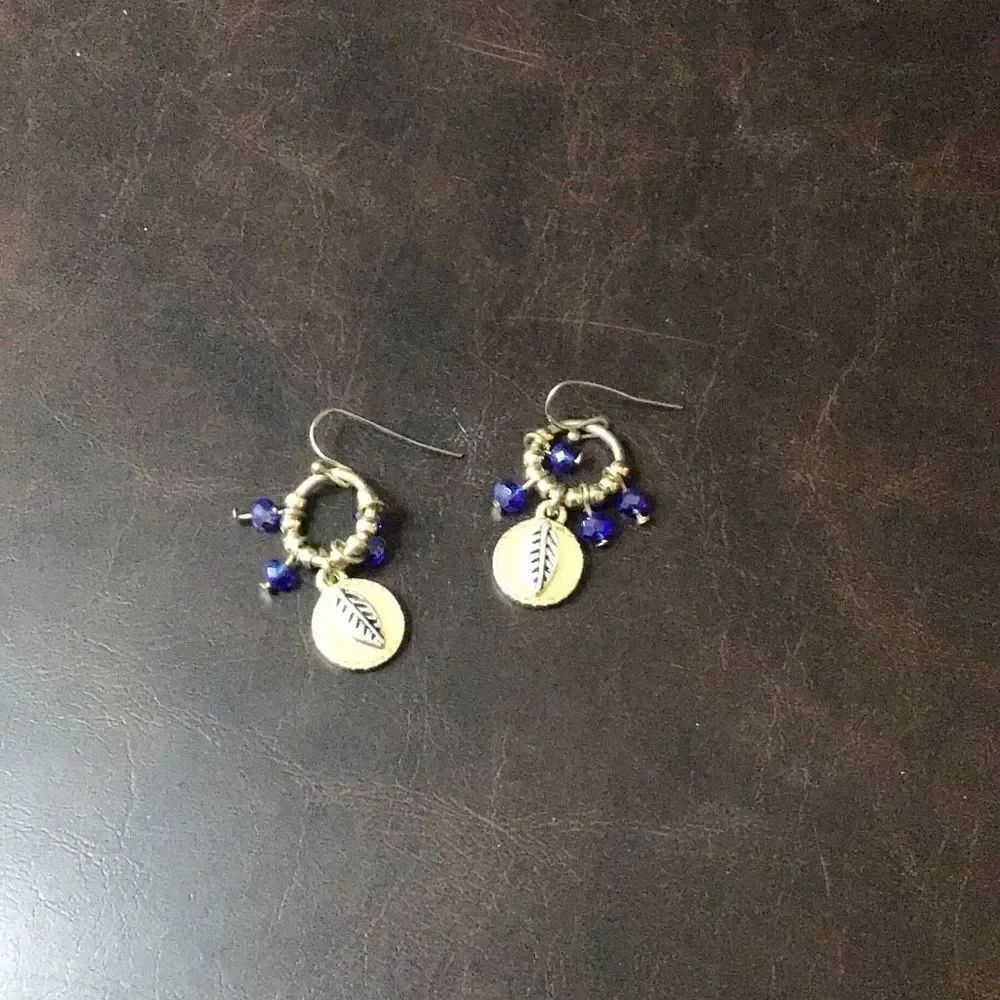Vintage, goldtone, feather and cobalt blue bead earrings